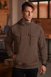 Sweat à capuche cargo brodé 100 % coton pour homme, demi-zip, poids moyen, décontracté, style workwear, tactique, avec poches - Product Image 2