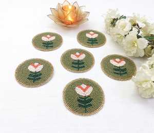 Handmade Eco-Friendly Customizable Green Beaded Coasters-Set of 6 for Home & Hotel Use - Product Image 2