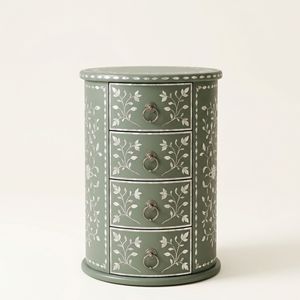 Table de chevet ronde de luxe en nacre vert sauge avec 4 tiroirs, motif floral, armoire de chevet faite à la main, meubles anciens - Product Image 1