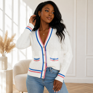 Cardigan blanc en tricot HMR Sorority avec bordure bleue et rose, style preppy, manches longues, couleur unie - Product Image 3