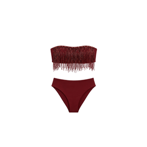 Bikini Rojo sin Tirantes con Decoración de Borlas y Conjunto de Dos Piezas con Braguita de Cintura Alta, Traje de Baño para Mujer/Niña - Product Image 1