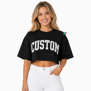 Camiseta Corta Negra para Mujer, con Estampado de Letras Personalizado, Cuello Redondo, Manga Corta, Corte Holgado, Informal, Primavera Verano, 100% Algodón Jersey - Product Image 1