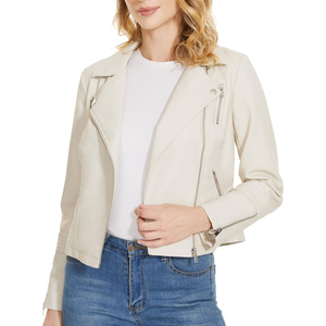 Veste de moto en cuir véritable crème pour femme, veste courte à fermeture éclair, col rabattu - Product Image 4
