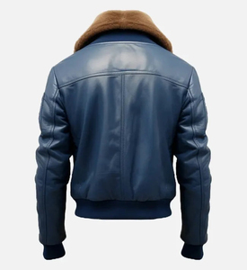 Chaqueta de cuero azul para hombre con cuello de piel, diseño moderno, recién llegada, cuero vacuno de primera calidad. - Product Image 4