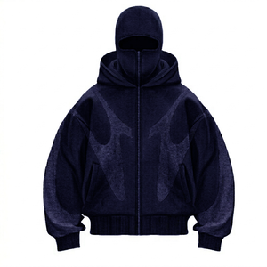 Sweat-shirt à capuche zippé surdimensionné pour homme, rouge et gris, avec blocs de couleur, manches raglan, coupe-vent, design masque cagoule tricoté, hiver - Product Image 2