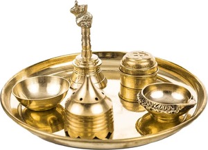 Stylish Decor Brass Pooja Thali Set Vintage Design Puja Plate with Diya Bell Kalash <b>Mandir</b> Decoration - Product Image 6