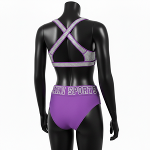 Ensemble de bikini de luxe en nylon extensible GSM avec panneaux en strass cristal, taille haute, violet, logo personnalisé pour femme - Product Image 5