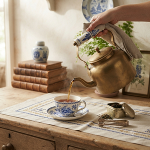 Bouilloire à thé vintage en laiton, artisanale, avec poignée en céramique bleue et blanche à motifs floraux, pour faire bouillir l'eau, rétro, pour hôtels et restaurants, fournitures de boissons - Product Image 4