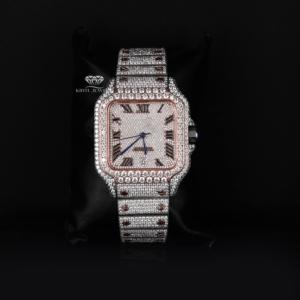 Reloj de Lujo para Hombre, Completamente Cubierto de Diamantes Moissanite, Caja Cuadrada, Esfera Romana, Tono Oro Rosa, Estilo Hip Hop, Acero Inoxidable - Product Image 1
