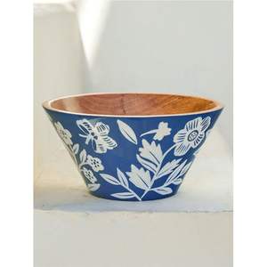 Tazón para Servir Hecho a Mano de Madera de Mango con Estampado Floral en Esmalte Azul - Tazón de Madera Ecológico para Ensaladas, Vajilla para el Hogar y Hoteles - Product Image 1