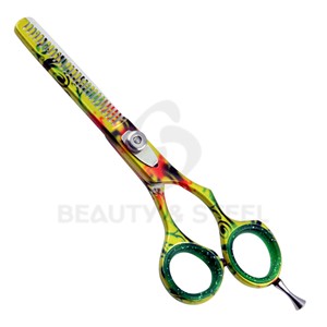 กรรไกรตัดผมหรูหรา สีสันสดใส ลายศิลปะ พร้อมปลายกรรไกรประดับประกายสีเขียวมะนาว - Product Image 1