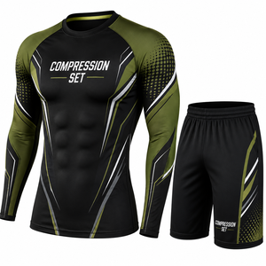 Custom <b>Mens</b> Long Sleeve <b>Compression</b> Set Quick Dry <b>Compression</b> <b>Shirt</b> and Shorts Breathable Moisture Wicking Gym Running Training - Product Image 1