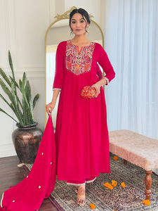 Women's <b>Red</b> Vichitra Silk Embroidered <b>Flared</b> Kurta with Rayon Pant And Chinon Embroidered Dupatta Sets - Product Image 5