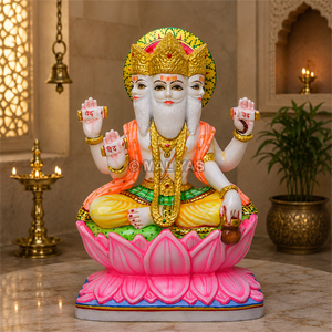Handcrafted Marble Lord Brahma Statue - 18 Inch | White Marble Chaturmukha Brahma Murti on Lotus | Premium Hindu Idol | MALIYAS - Product Image 1