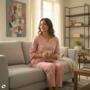 ชุดนอนผ้าฝ้ายพิมพ์ลายสีชมพูสำหรับผู้หญิง เสื้อแขนสามส่วนพร้อมกางเกงขายาวทรงตรง - Product Image 1