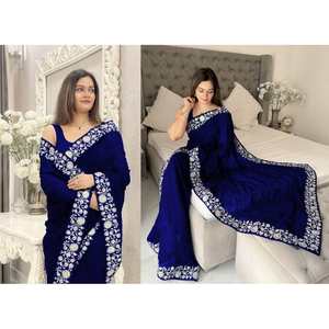 ATRACTIVE GEORGETTE BORDADO FLORAL CON HILO DE SECUENCIA TRABAJO SAREE CON BLUSA DESCOSTADA AZUL - Product Image 1