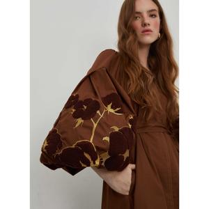 Women Brown Cotton Maxi <b>Dress</b> Embroidered Balloon Sleeve Tie Waist <b>Boho</b> Long <b>Dress</b> - Product Image 5