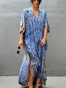 Vestido Largo Boho con Cuello en V y Tie Dye, Vestido Holgado con Dobladillo Asimétrico y Manga Tres Cuartos, Ropa de Playa de Verano para Mujer - Product Image 1