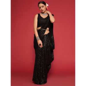 Adorable sari noir en georgette à sequins, non cousu, 1000g, pour soirée - Product Image 5