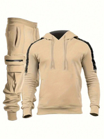 Ensemble de survêtement imprimé uni pour homme, manches longues, col boutonné, cordon de serrage, tenue décontractée sportive, respirant, polaire, polyester, automne