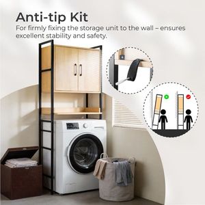 Mobile bagno a doppia anta con design goffrato effetto legno, un ripiano, 64,5x30x171 cm, in MDF con impiallacciatura in melaminico e tubi quadri, scaffali per bagno - Product Image 6