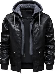 Chaqueta de Motociclista para Hombre, Negra, de Cuero PU, con Capucha, Cierre Frontal, Color Sólido, Invierno, Resistente al Viento, Manga Larga - Product Image 6
