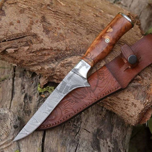 NEW FRIENDS INDUSTRIES Couteau à filet en acier Damas 7 pouces, lame en acier Damas, manche en bois d'olivier exotique, mosaïque de laiton, lame fixe - Product Image 1