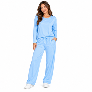 Women Light Blue <b>Long</b> Sleeve Pajama Set Knitted Cotton Soft Casual Full Length Drawstring Pants Round Neck Top - Product Image 1