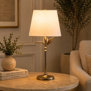 Botanical Grace Metal Table <b>Lamp</b> with Antique Gold Iron <b>Leaf</b> Base Premium Fabric <b>Shade</b> Warm Ambient Lighting for Elegant Homes - Product Image 1