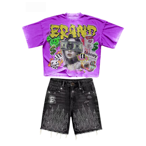 Ensemble deux pièces d'été pour homme : T-shirt graphique moutarde et short en jean à strass effet flamme, style streetwear vintage oversize et déchiré - Product Image 2