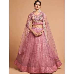 Vêtements de fête en filet brodé de fil rose blush unique Lehenga Choli - Product Image 5