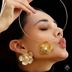 PRAO Luxe Gold Finish 3D Flower Pendant Necklace <b>Set</b> with Earrings Anti-Tarnish <b>Fine</b> <b>Jewelry</b> <b>Sets</b> - Product Image 4