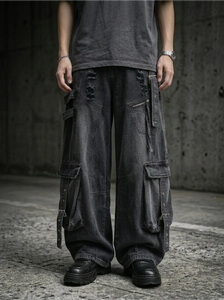 Jean baggy noir unisexe à jambe large, effet usé, style streetwear - Product Image 5