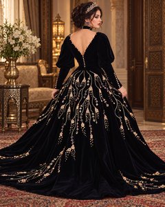 Mishkat Couture Elegant <b>Black</b> Velvet MAXI Long Sleeve Algerian Badroun Intricate Hand Embroidery for Muslim Women Arab Girls - Product Image 3