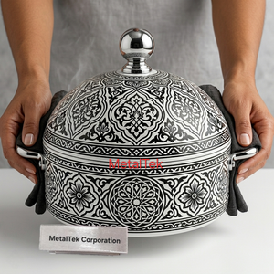 หม้อสแตนเลสอย่างดี ลายดอกไม้สีดำขาว มีนา พร้อมฝาปิดเก็บความร้อน จานเสิร์ฟพร้อมหูจับสีเงิน - Product Image 5