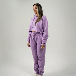 <b>Women</b> Cropped Full Zip Hooded Tracksuit Set Wide Leg <b>Trousers</b> Drawstring Waist Relaxed Two Piece Casual Streetwear Lounge Outfit - Product Image 2