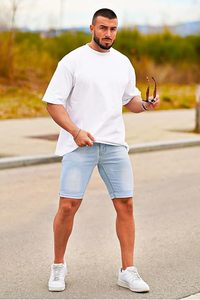 Shorts en jean décontractés pour hommes de qualité supérieure, 100% coton, unis, avec plusieurs poches, coupe ample, anti-rides et séchage rapide - Product Image 2