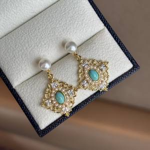 Pendientes Colgantes de Estilo Chino Retro al por Mayor, Perla Natural de Agua Dulce y Turquesa con Diamantes para Venta al por Menor y al por Mayor - Product Image 2