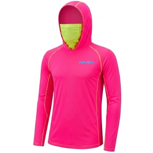 Chemise de pêche pour homme personnalisée, rose, à manches longues, à capuche, respirante, UPF 50, anti-UV, en spandex/polyester, avec cache-cou vert néon - Product Image 1