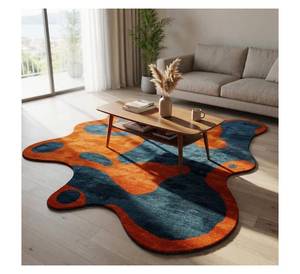 Tapis en laine tufté à la main, motif abstrait orange et bleu en forme d'amibe, tapis de salon, tapis de sol design personnalisable - Product Image 2