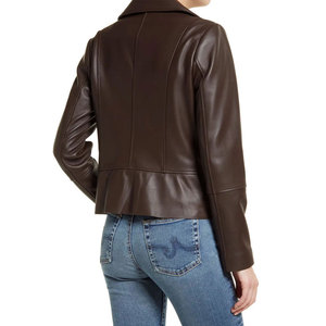 <b>Women's</b> Brown Genuine Leather Bomber <b>Jacket</b> Full Sleeve Zipper Closure Turn-down Collar Windproof Autumn Regular Length - Product Image 6