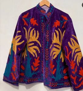 Blazer en velours violet brodé de fleurs, col mandarin, manches longues, vêtements d'extérieur pour femmes, automne, style bohème, fait main - Product Image 3