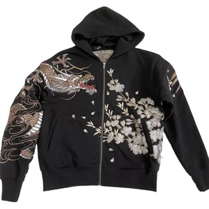 Sweat-shirt à capuche zippé noir pour homme, broderie main dragon et fleurs de cerisier, style chinois, coupe classique, idéal pour l'automne - Product Image 1
