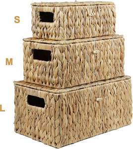 Wholesale Water Hyacinth <b>Storage</b> <b>Basket</b> with Lid <b>Rectangular</b> Wicker Organizer Box with Handles for Shelf Closet <b>Storage</b> OEM ODM - Product Image 5
