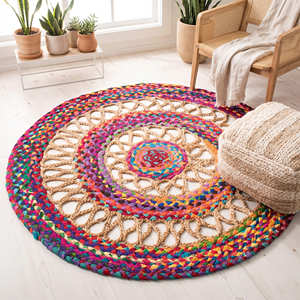 Tapis en jute tressé rond à bordure fleurie pour chambre d'enfant, chambre des enfants et intérieurs scandinaves, tapis en jute durable à motif floral - Product Image 6