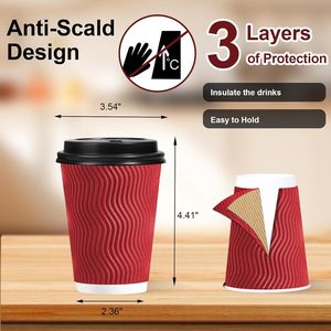 Confezione da 50 Bicchieri Monouso da 350 ml con Coperchio, in Carta Ondulata Isolante per Bevande Calde (Rosso) - Product Image 3