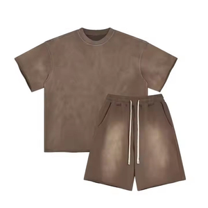 Ensemble T-shirt et short en molleton polyester/coton pour homme, qualité supérieure, col rond, décontracté, été, tissé, respirant, 2 pièces, unisexe - Product Image 6