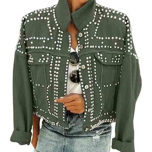 Veste en cuir de vachette à rivets style punk pour femme, col rabattu, coupe ajustée, décontractée, respirante, coupe-vent, style motard, pour l'automne - Product Image 6