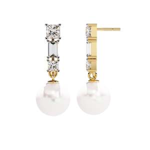 Pendientes de Oro de 9K con Diamante Cultivado en Laboratorio, Corte Princesa, con Perla Blanca, Certificados por Aigs, Joyería Unisex de Moda - Product Image 1