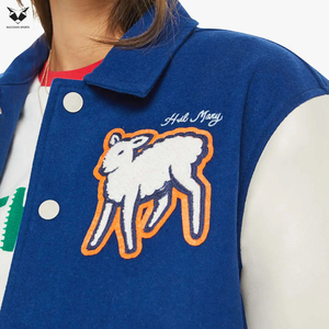 Newest Trendy Blue Varsity <b>Jacket</b> With <b>White</b> Sheep Embroidery Patchwork Sleeve Full Length Autumn Wear Turn Down Collar - Product Image 5